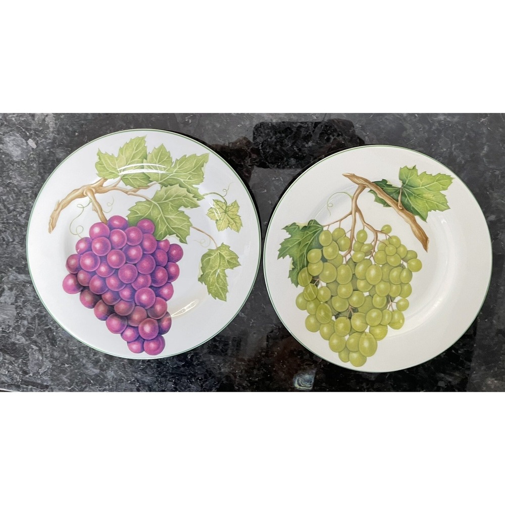 Two American Atelier Vineyard #5039 Salad Plates Purple And Green Grape Pattern